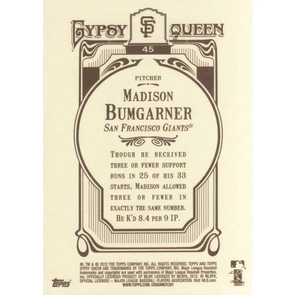 2012 Topps Gypsy Queen Madison Bumgarner # 45 San Francisco Giants